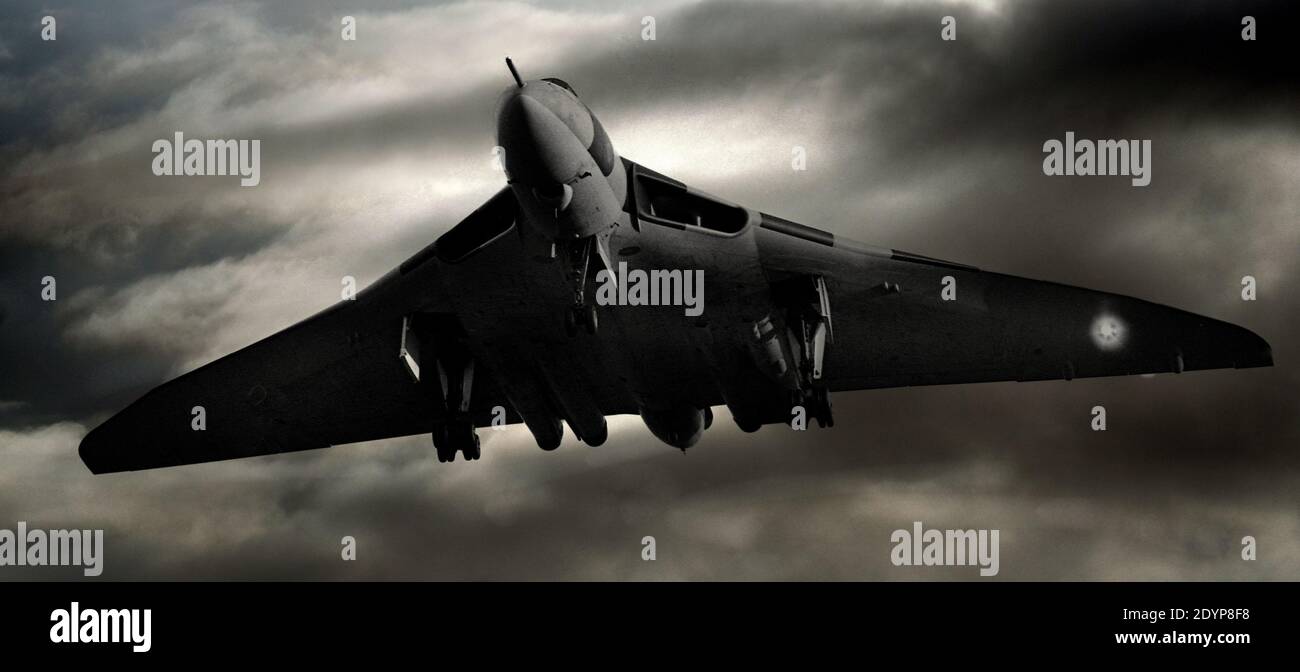Avro Vulcan Bitishcold war period fur jet delta wing V bomber. Nuclear attack aircraft. Sky added. Stock Photo