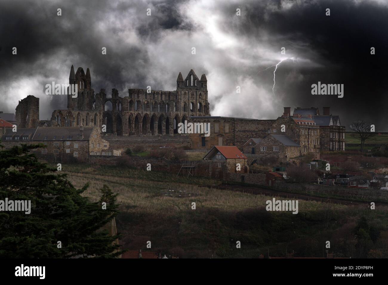 Whitby Abbey, north Yorkshire UK. Sky added and adjusted for dramatic effect. Site for Bram Stoker's horror classic, Dracula. Stock Photo