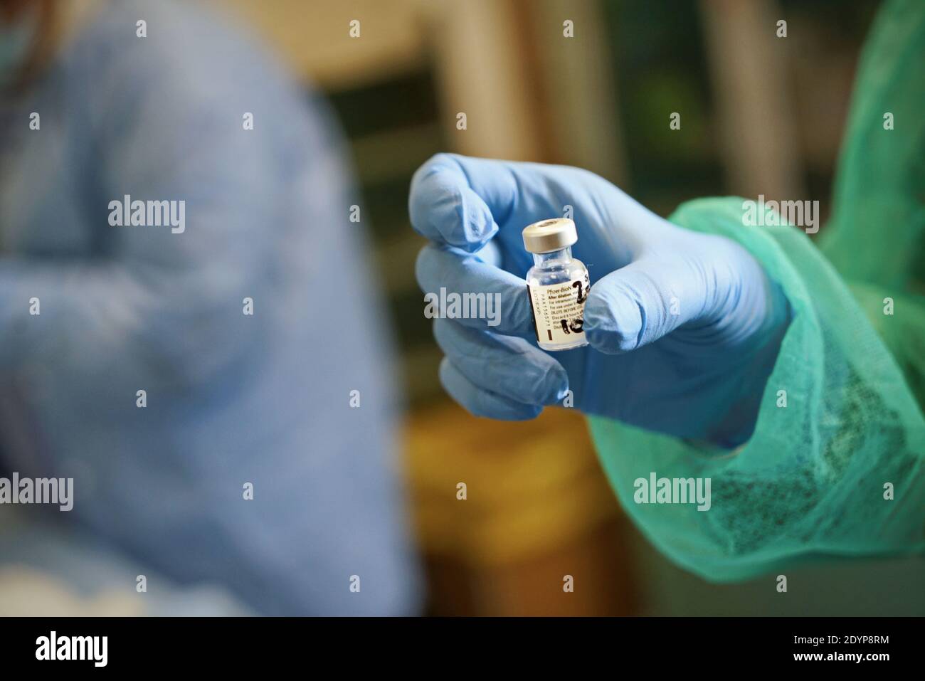 Close-up of Pfizer's coronavirus vaccine, at the Amedeo di Savoia Hospital. Turin, Italy - December 27, 2020 Stock Photo