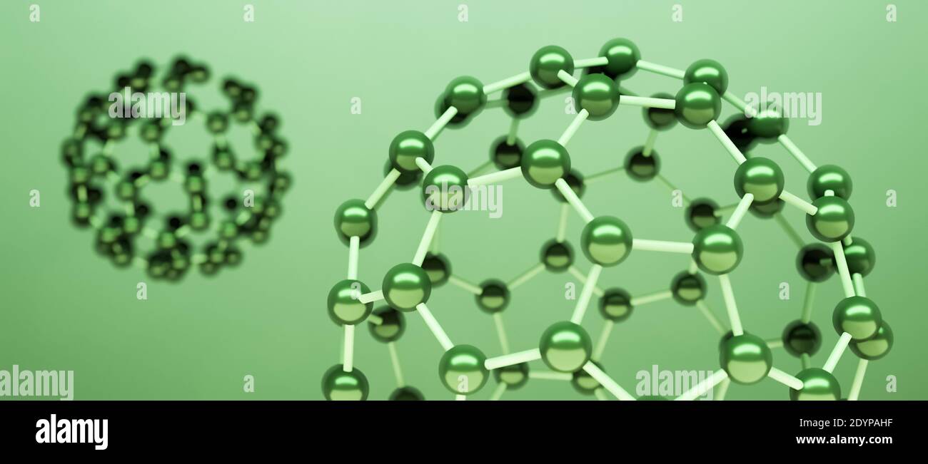 Models of Fullerene Molecule, allotrope of carbon atoms, round spheres with hexagonal rings or mesh, molecular 3D illustration chemistry or scientific Stock Photo