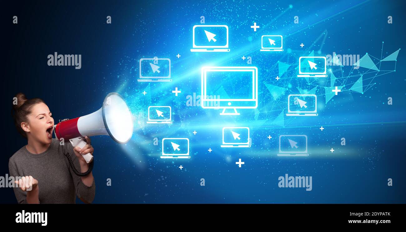 Young person yelling in loudspeaker with display icon, modern ...