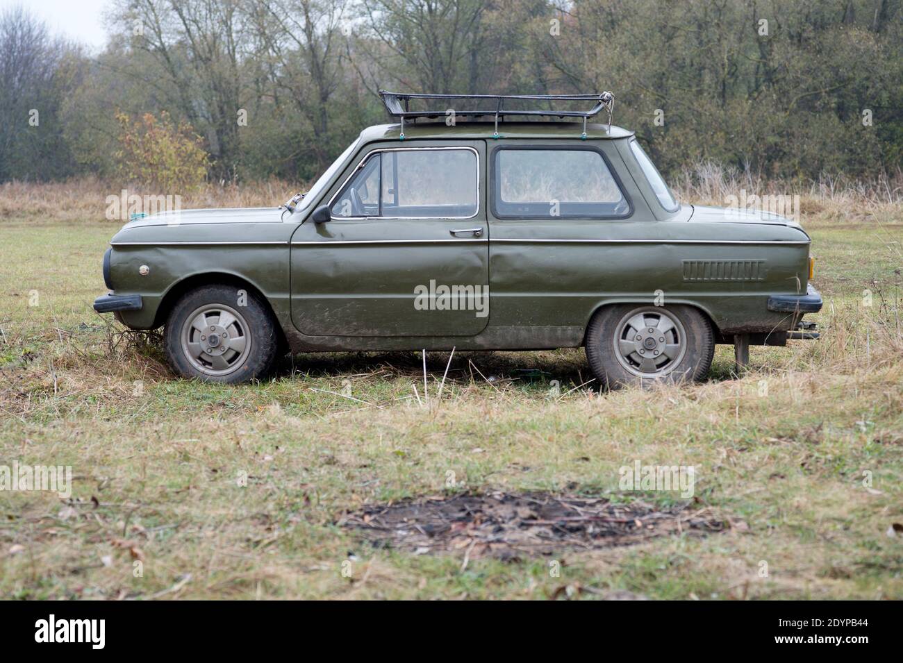 Car brand Zaporozhets dark green military paint on the background of nature in autumn Russia, Kursk region, Zheleznogorsk, October 2020. Stock Photo