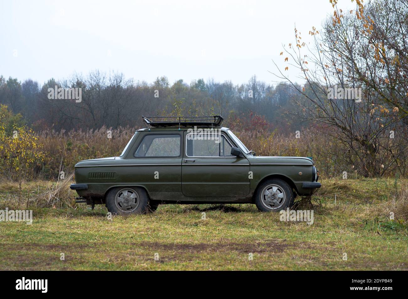 Car brand Zaporozhets dark green military paint on the background of nature in autumn Russia, Kursk region, Zheleznogorsk, October 2020. Stock Photo