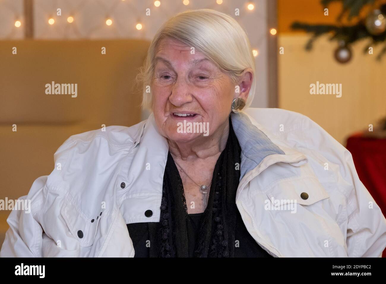 Gertrud Vogel,(92 years) nursing home resident at the Riehl Senior Citizens' Centre, was the first person in Cologne to be vaccinated against COVID Stock Photo
