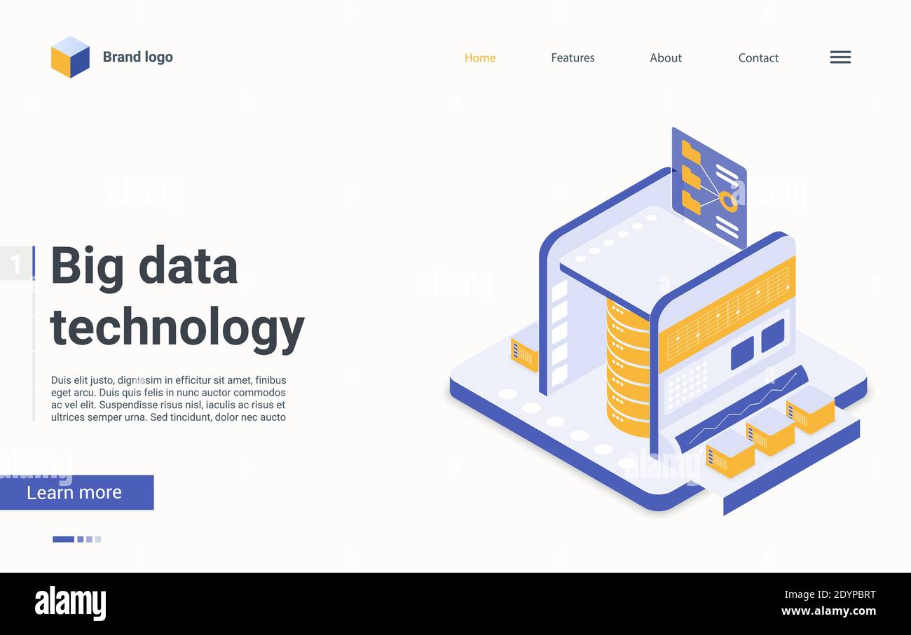 Big data server machine isometric landing page design, cartoon 3d info technology system for digital analytics research, business analysis result, search tech database information vector illustration Stock Vector