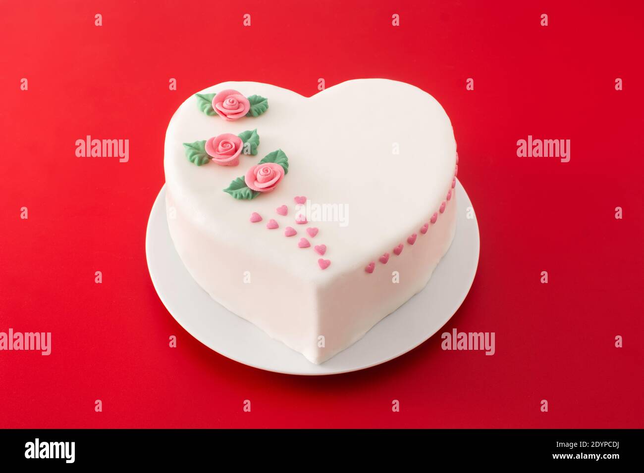 Heart Cake For St Valentine S Day Mother S Day Or Birthday Decorated With Roses And Pink Sugar Hearts On Red Background Stock Photo Alamy