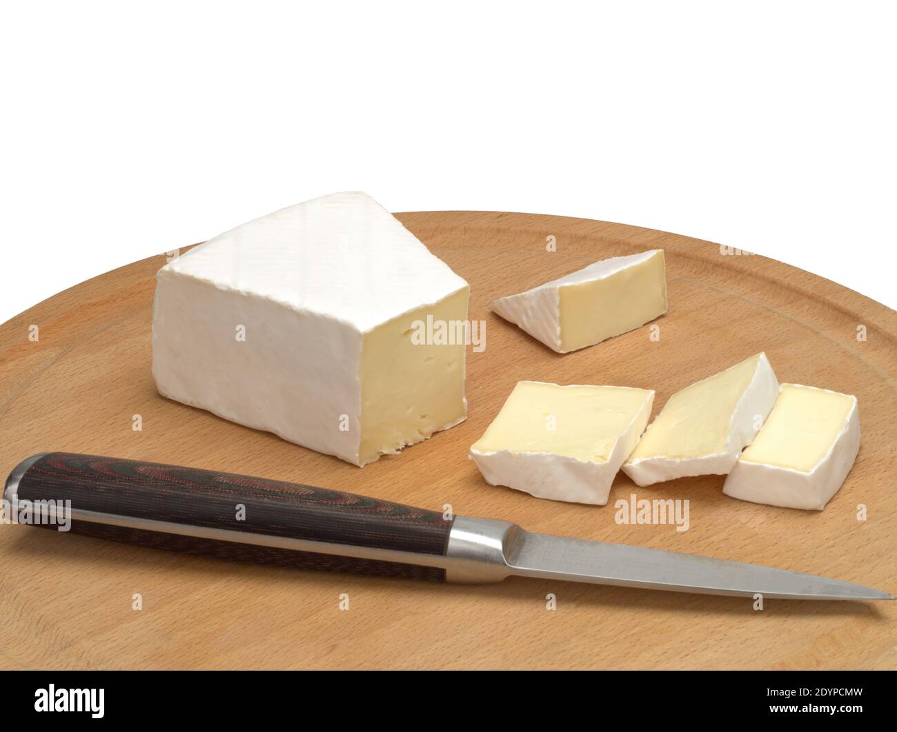 Brie cheese with cut slice isolated on a white background Stock Photo