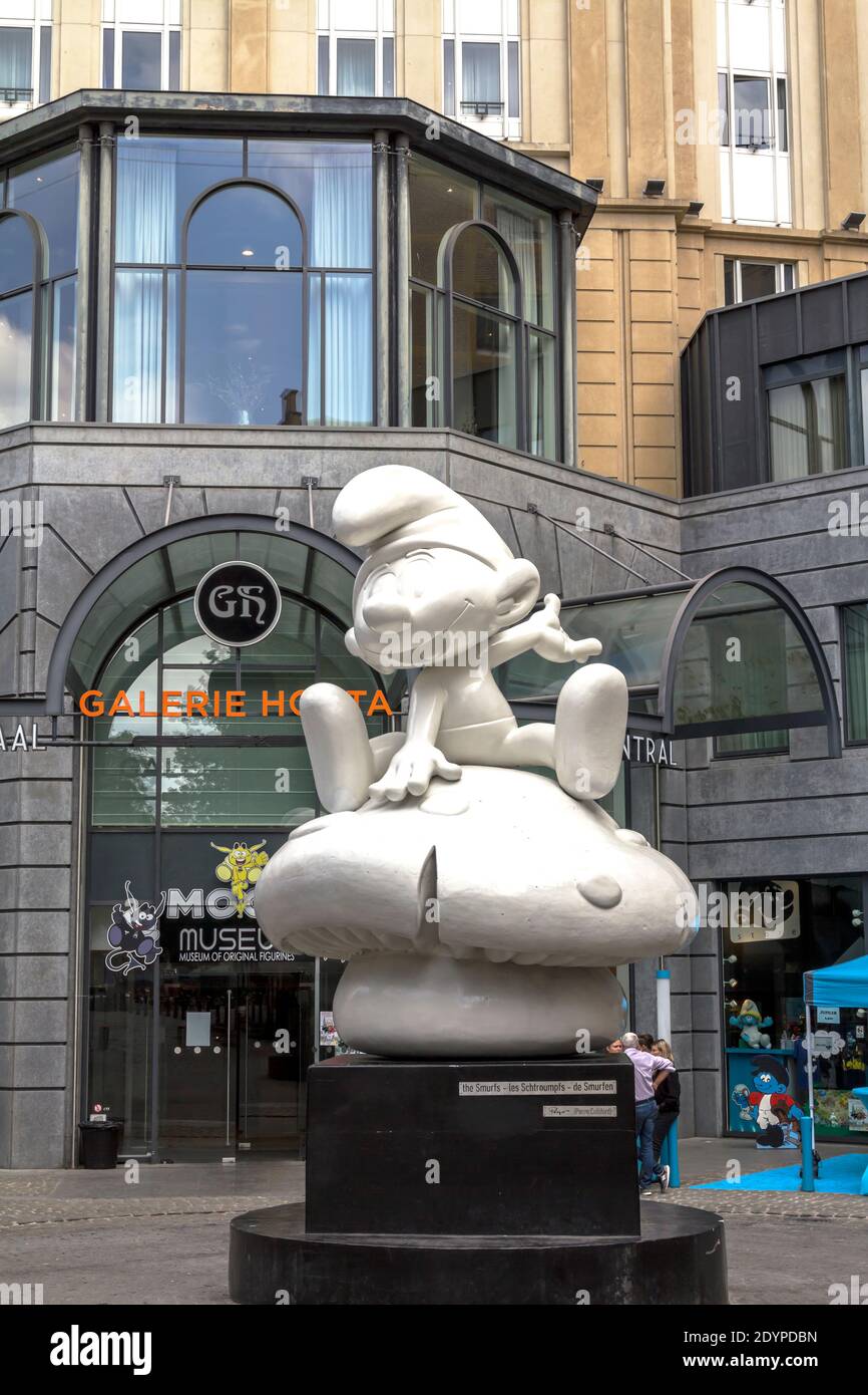 Brussels, BELGIUM - July 7, 2019: MOOF MUSEUM, Smurf characters, at the Belgian Comic Strip Center in Brussels Stock Photo