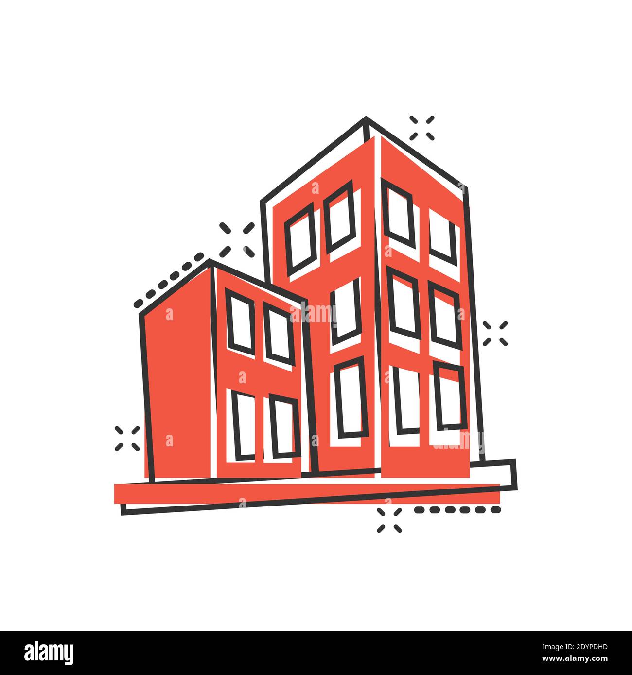 Building icon in comic style. Skyscraper cartoon vector illustration on white isolated background. Architecture splash effect business concept. Stock Vector