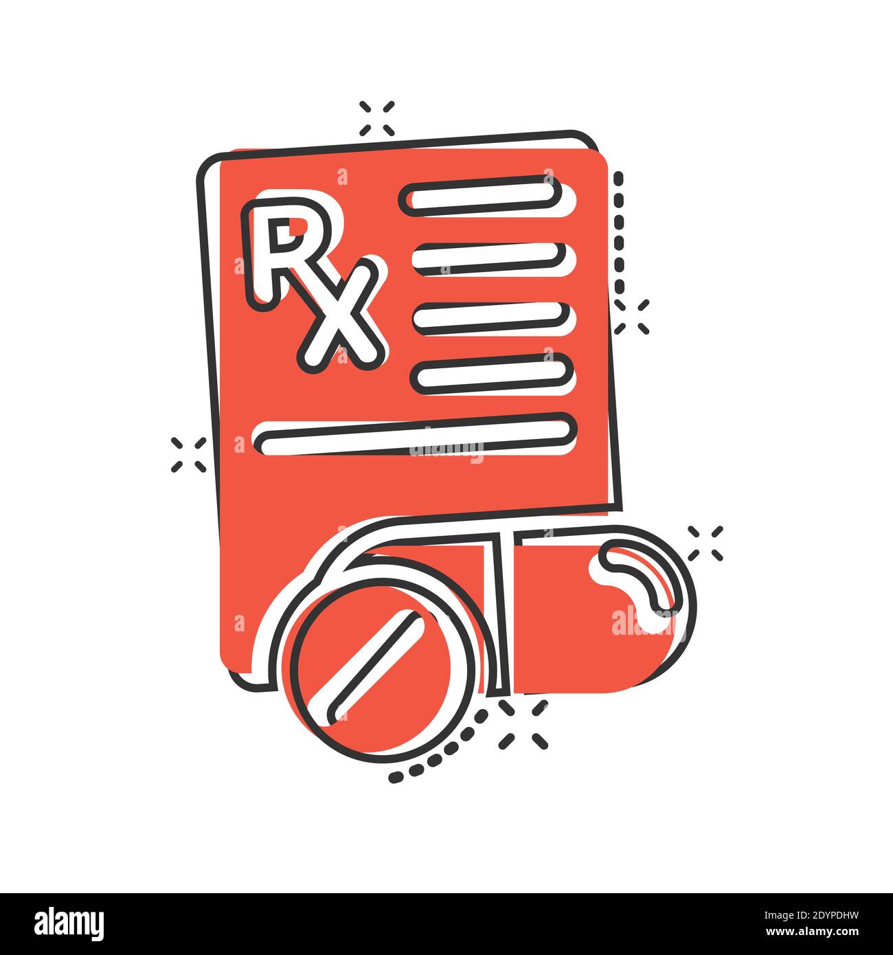 Prescription icon in comic style. Rx document cartoon vector illustration on white isolated background. Paper splash effect business concept. Stock Vector