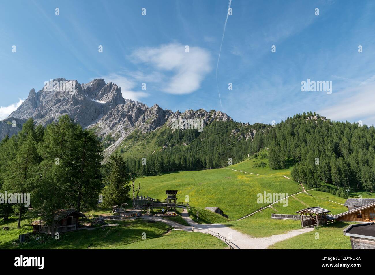View to the beautiful mountain croda rossa with the rock formations of the of the Dolomites in Italy. Stock Photo