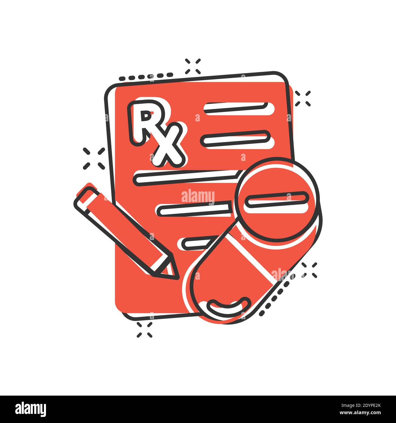 Prescription icon in comic style. Rx document cartoon vector illustration on white isolated background. Paper splash effect business concept. Stock Vector