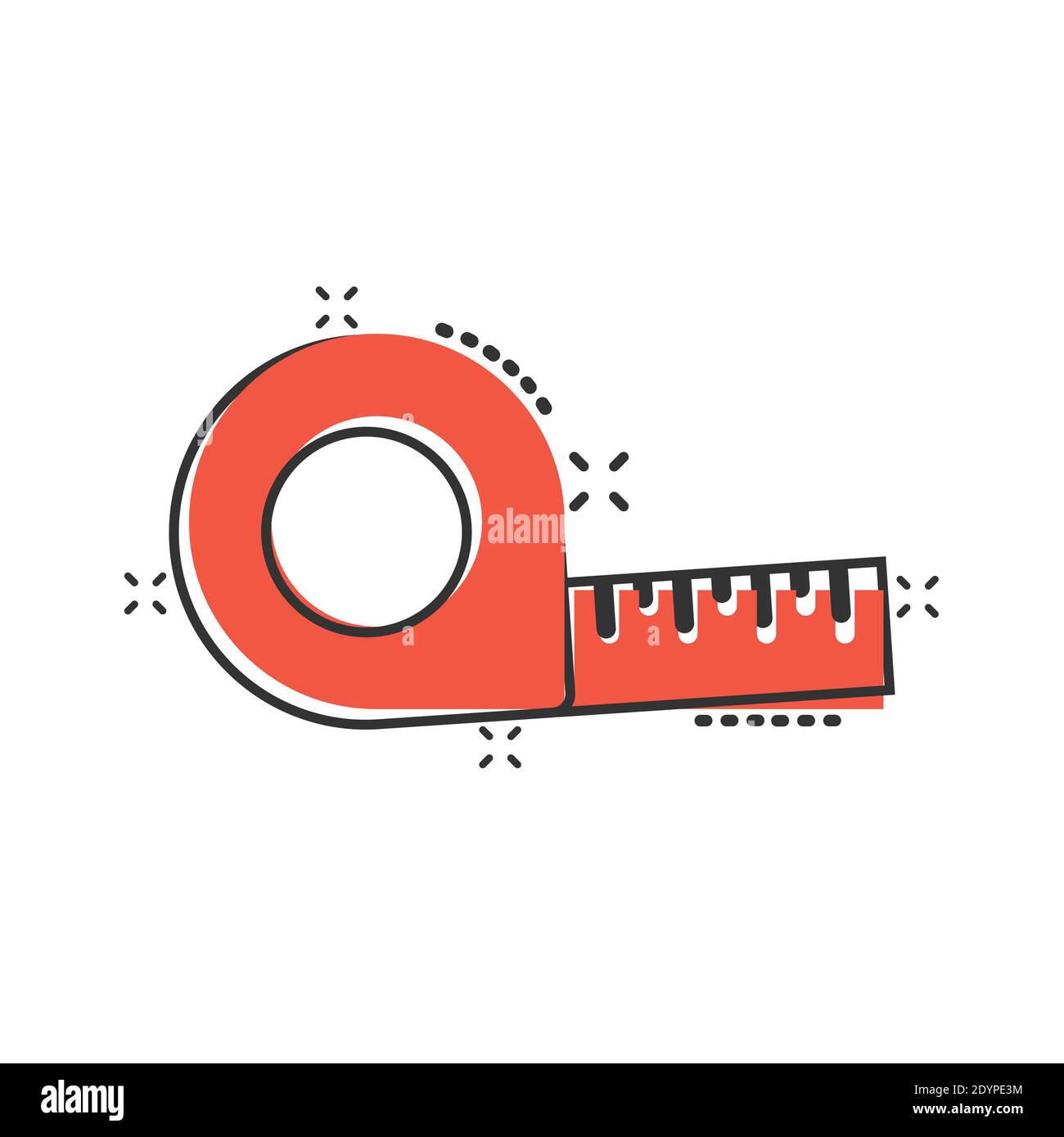 Measure tape icon in comic style. Ruler cartoon sign vector illustration on white isolated background. Meter splash effect business concept. Stock Vector