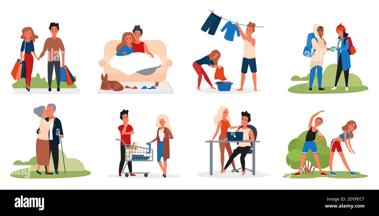 Couple people activity vector illustration set. Cartoon active man woman young and old lover characters shopping walking kissing hikking doing sports together, love and relationship isolated on white Stock Vector