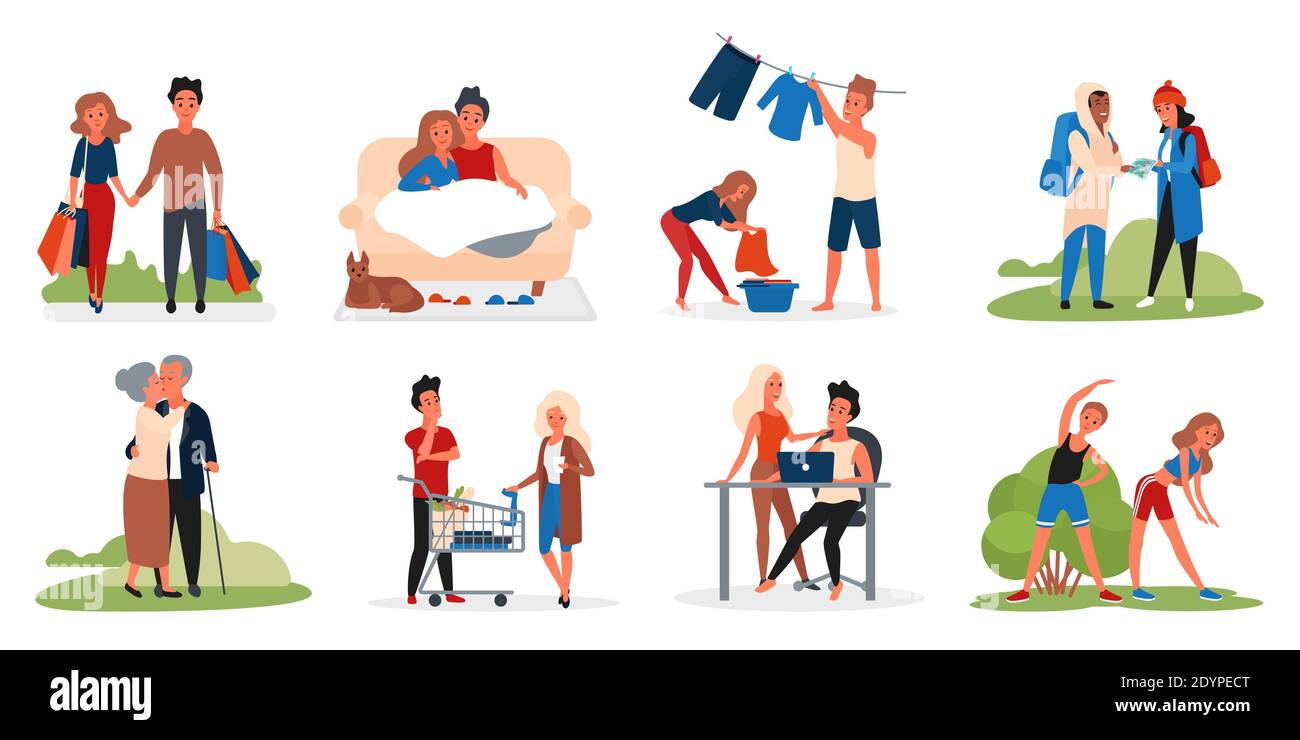 Couple people activity vector illustration set. Cartoon active man