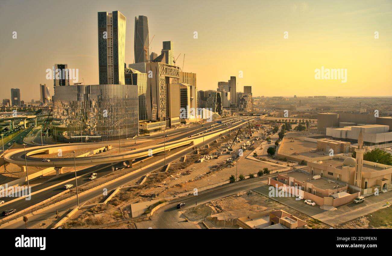 Saudi Arabia Riyadh King Abdullah financial district top view on the sunset light Stock Photo