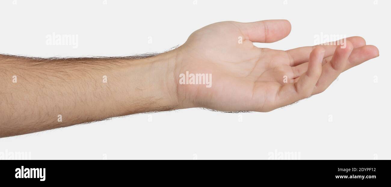 Male hand palm empty offering isolated on white background. Man showing left hand, asking for help, giving or begging concept Stock Photo