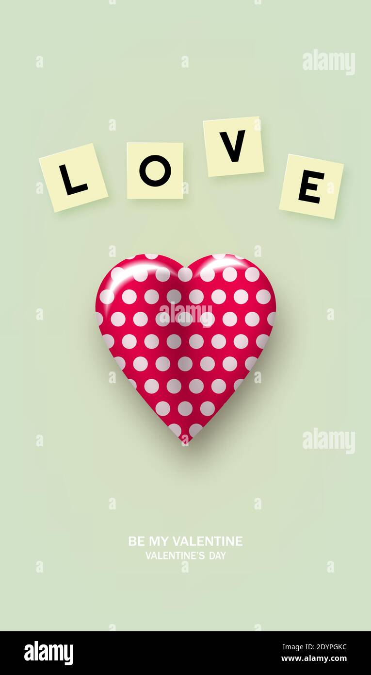 Red realistic heart with polka dots, with love cubes. Vector. Stock Vector