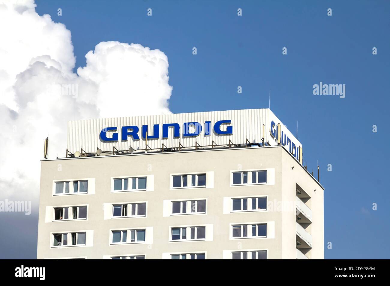 Nurnberg, Germany : Grundig logo on a building. Grundig is a German manufacturer of consumer electronics, domestic appliances and personal care produc Stock Photo