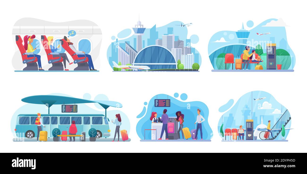 People travel by plane, bus vector illustration set. Cartoon family with child characters traveling by airlines, waiting for airplane arrival in airport, sitting on bus station bench isolated on white Stock Vector