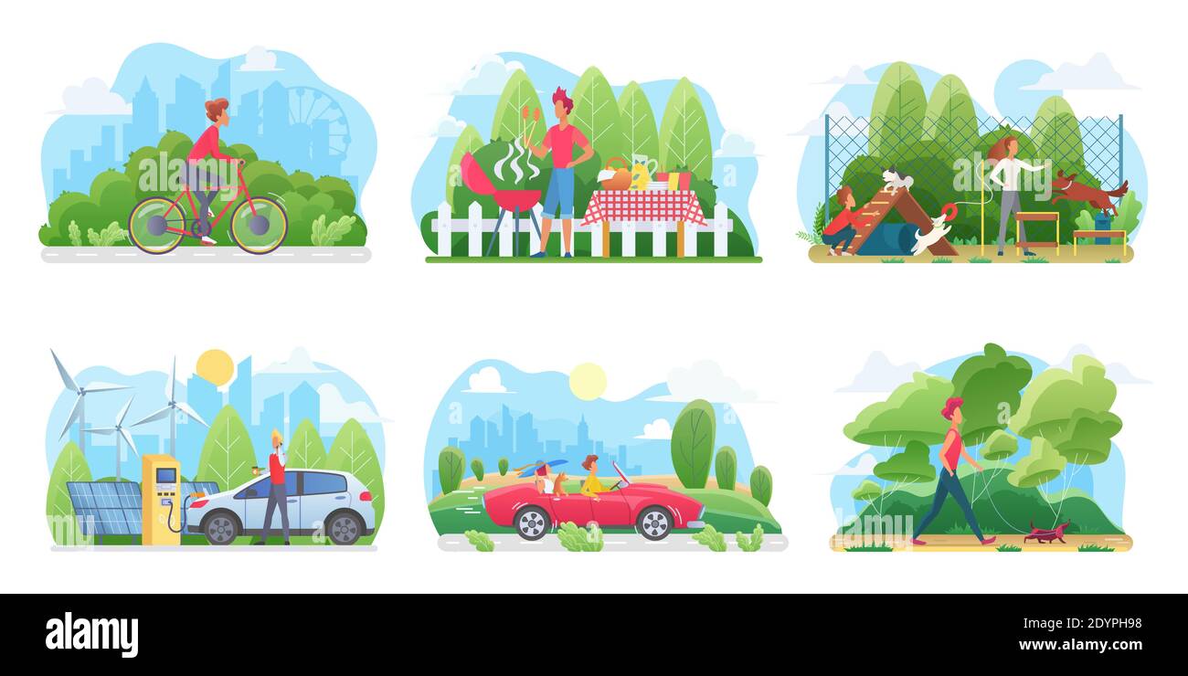 People in weekend vacation vector illustration. Cartoon man woman characters ride bicycle, grill picnic food, play and walk pet dog, happy family drive car along road on journey tour isolated on white Stock Vector