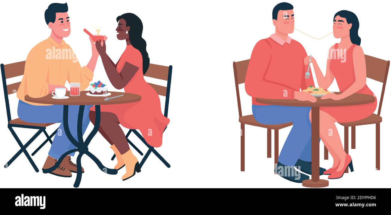 Couple during romantic dinner flat color vector detailed characters set Stock Vector