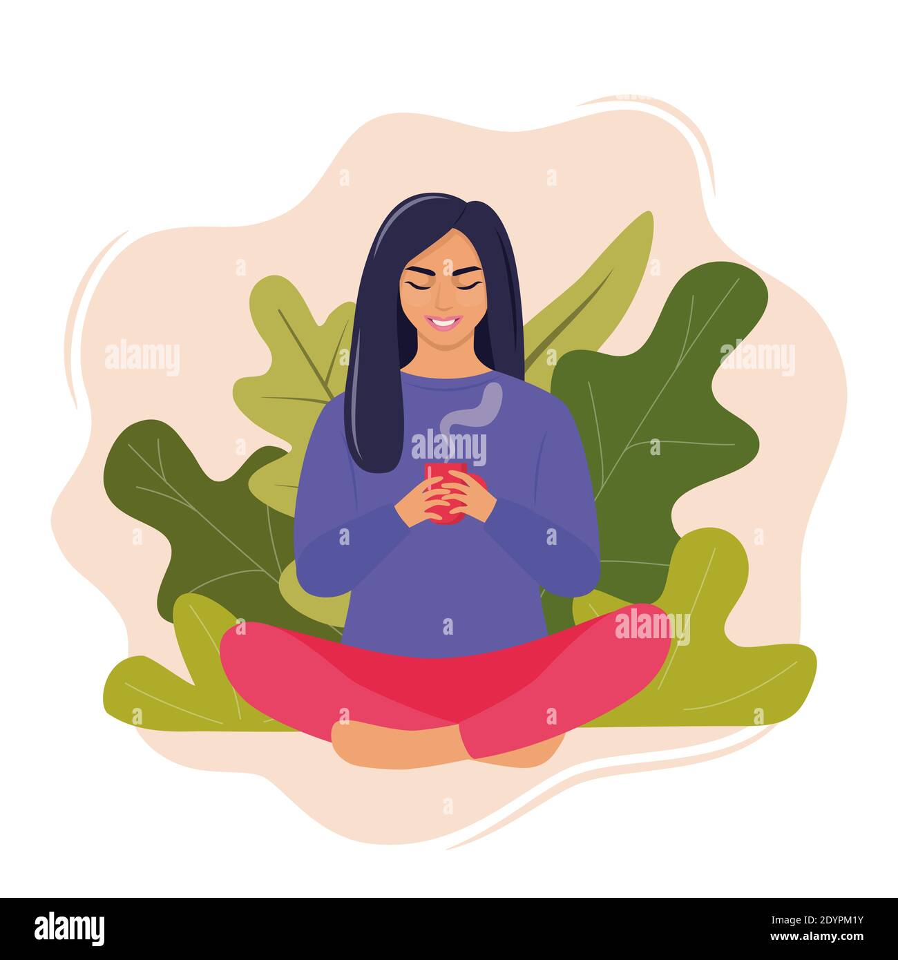Young woman sits in a Lotus pose and holds a mug of hot drink in her hands. Cozy rest and relaxation concept. Happy cute girl resting. Isolated vector Stock Vector