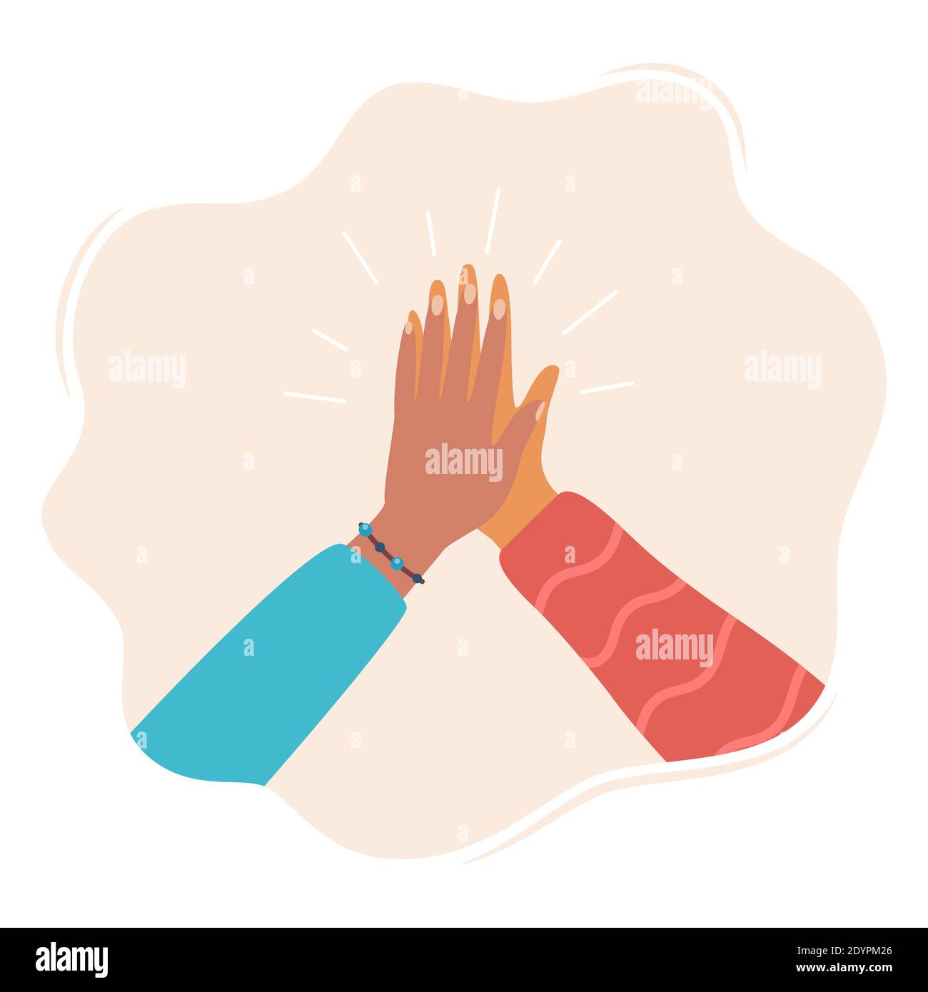 Two hands clapping in high five gesture. Multicultural people putting hands together. Teamwork, friendship, unity, help, equality, support, partnershi Stock Vector