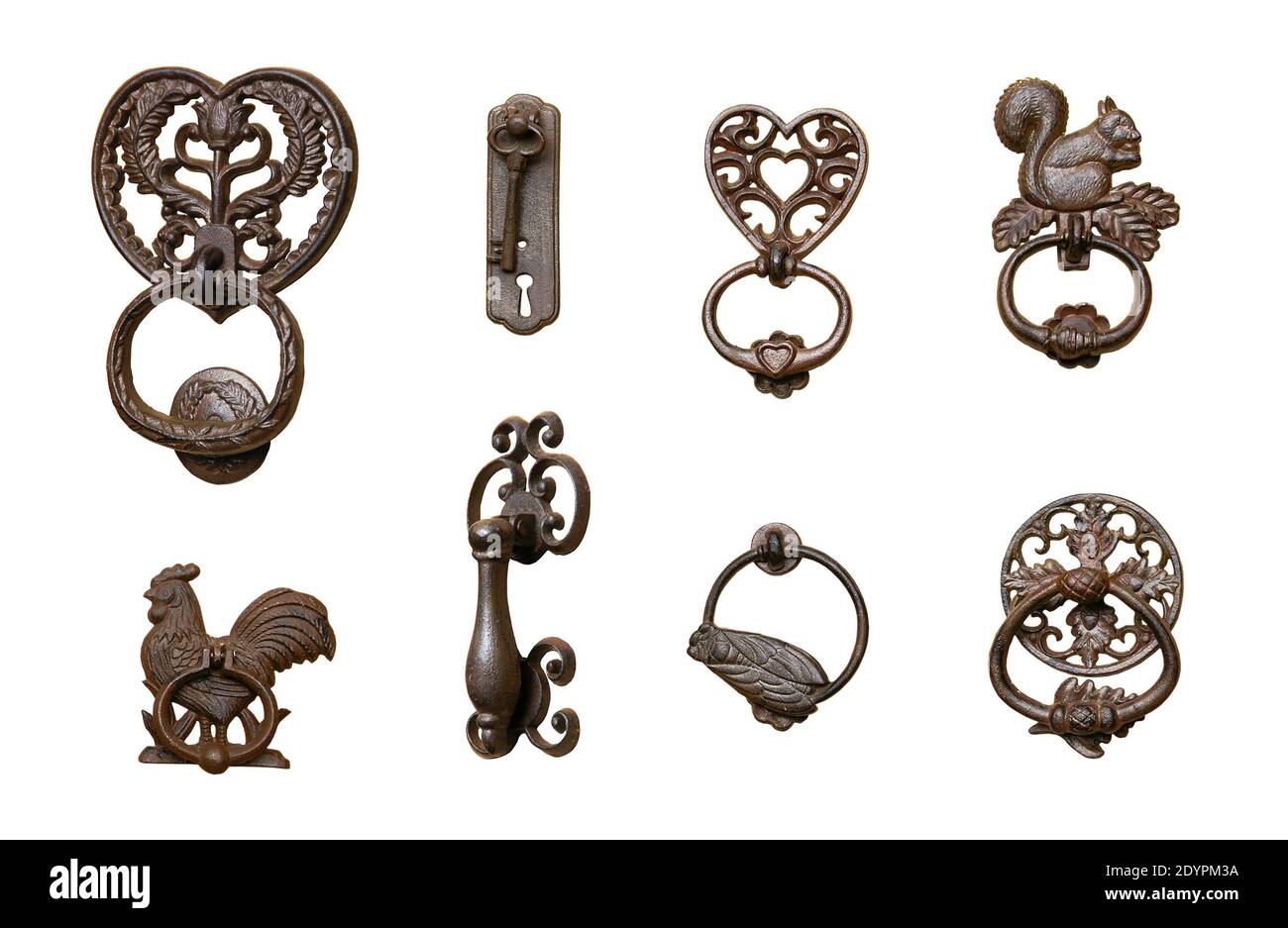Series of ornate door knockers, isolated on white background Stock