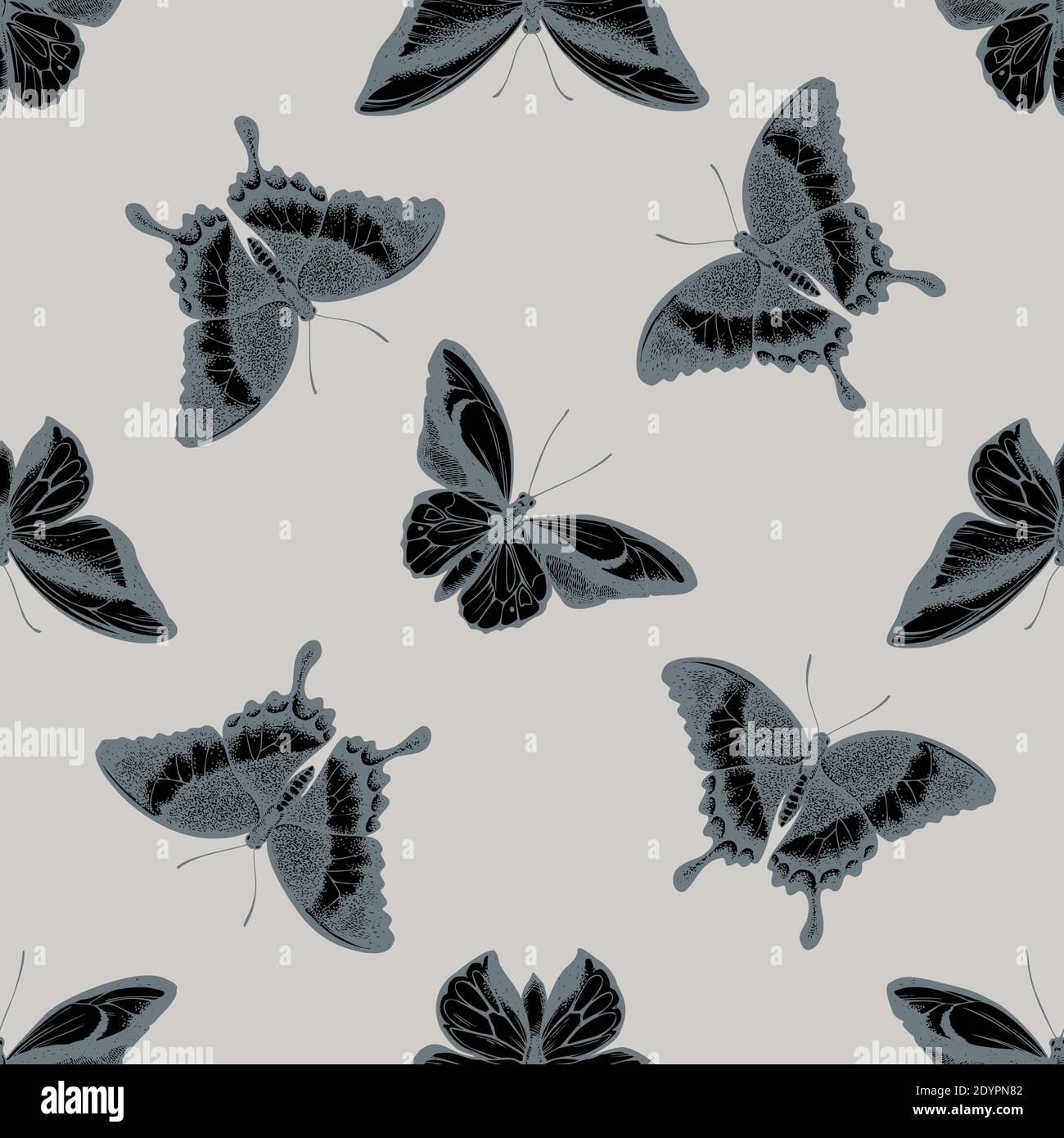Seamless pattern with hand drawn stylized wallace s golden birdwing, emerald swallowtail, swallowtail butterfly Stock Vector