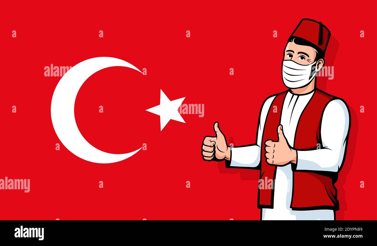 Turkish man in medical mask on Turkey flag background Stock Vector