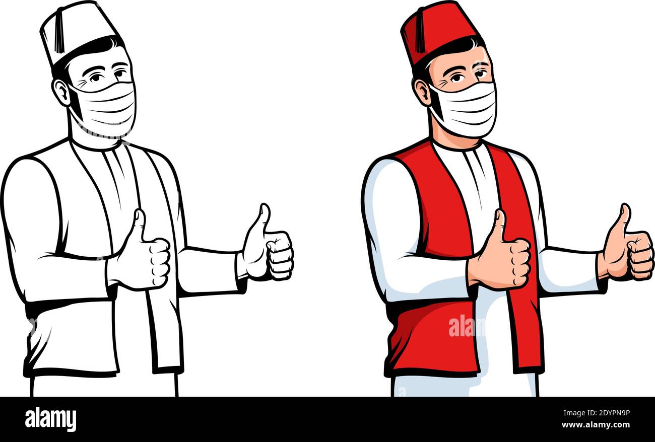 Turkish man in face mask. Positive Turk in medical mask thumb up gesture Stock Vector
