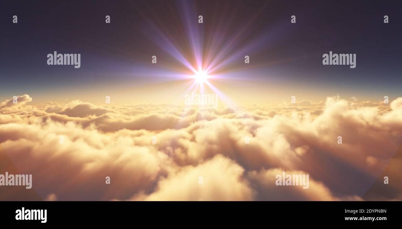 Sun Rays Render above clouds sunrise sun ray illustration, 3d rendering Stock Photo - Alamy