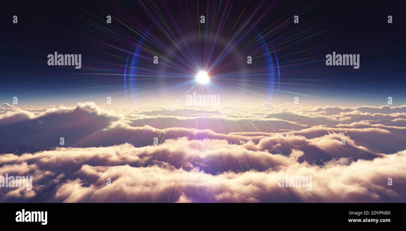 Sun Rays Render above clouds sunrise sun ray illustration, 3d rendering Stock Photo - Alamy