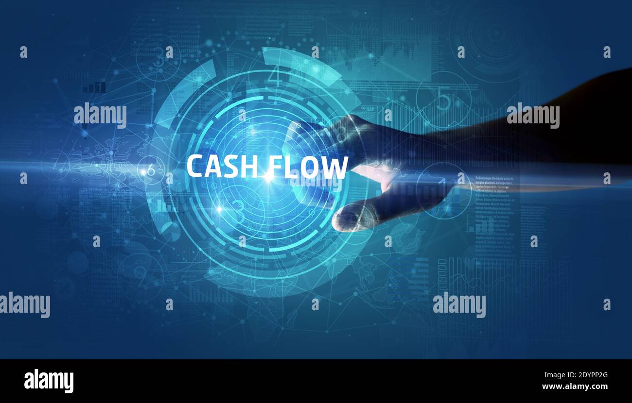 Hand touching CASH FLOW button, modern business technology concept Stock Photo