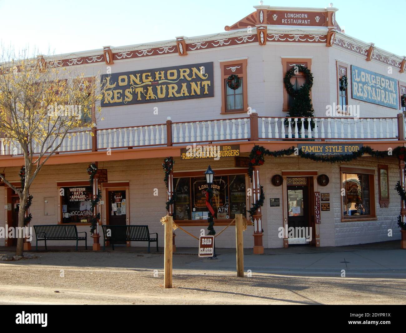 Tombstone, Arizona U.S.A. 12/15/2020. Tombstone businesses, dining, Masonic Lodge, city hall, and shops and saloons. Stock Photo