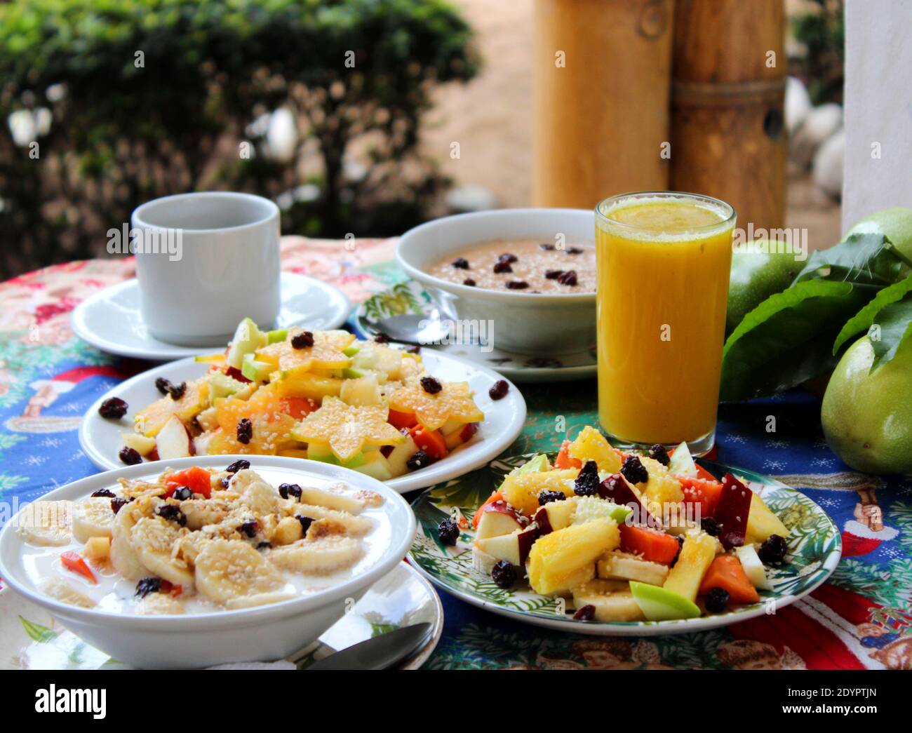 delicious tropical breakfast with many fruits and vegetables Stock