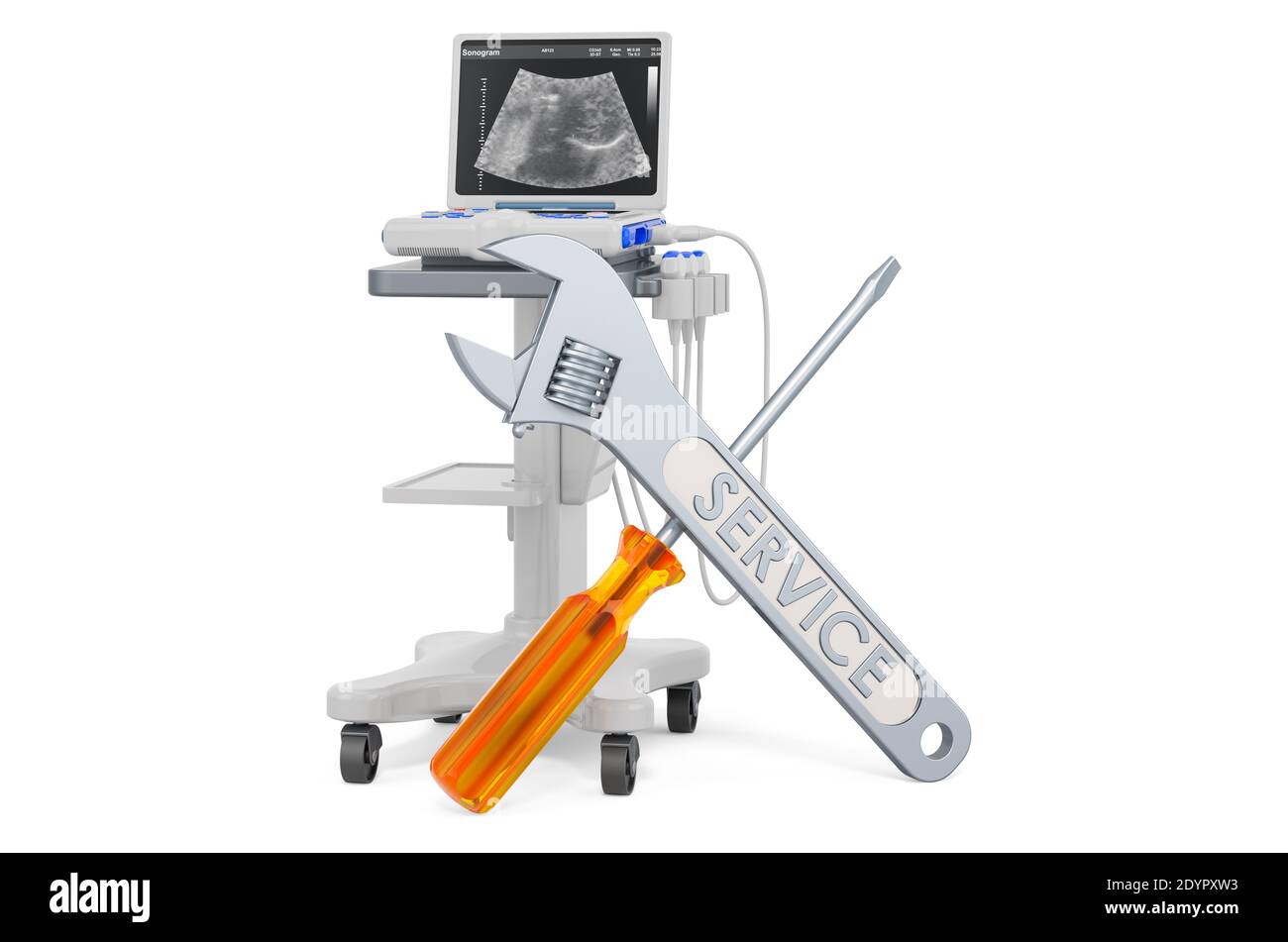 Service and repair of medical ultrasound diagnostic machine, scanner. 3D rendering isolated on