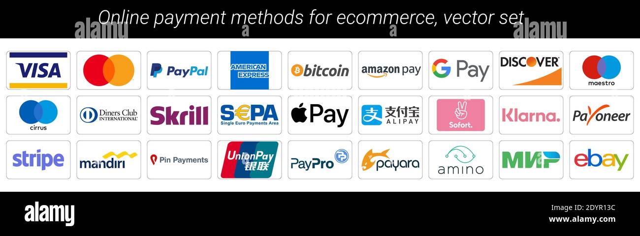 Online payment icon set, mastercard, paypal, american espress, bitcoin, amazon pay, google pay, discover, diners, skrill, sepa, apple pay, alipay, sof Stock Vector