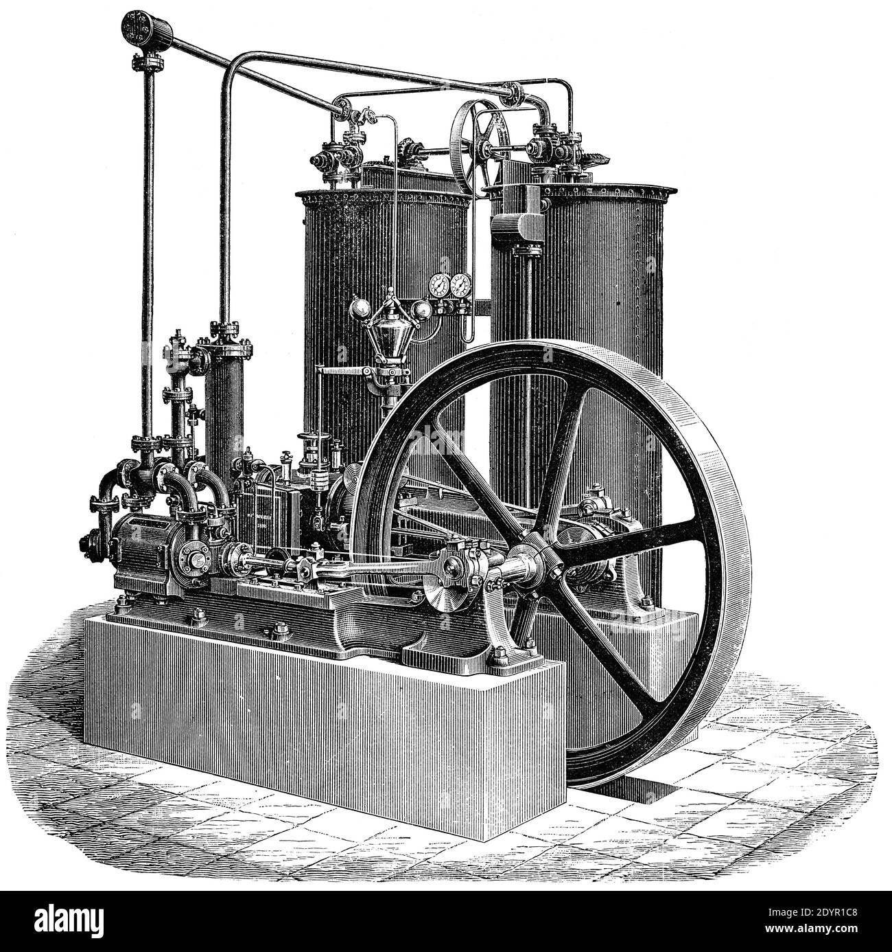 Vertikal twin engine with valve control. Illustration of the 19th century. Germany. White background. Stock Photo