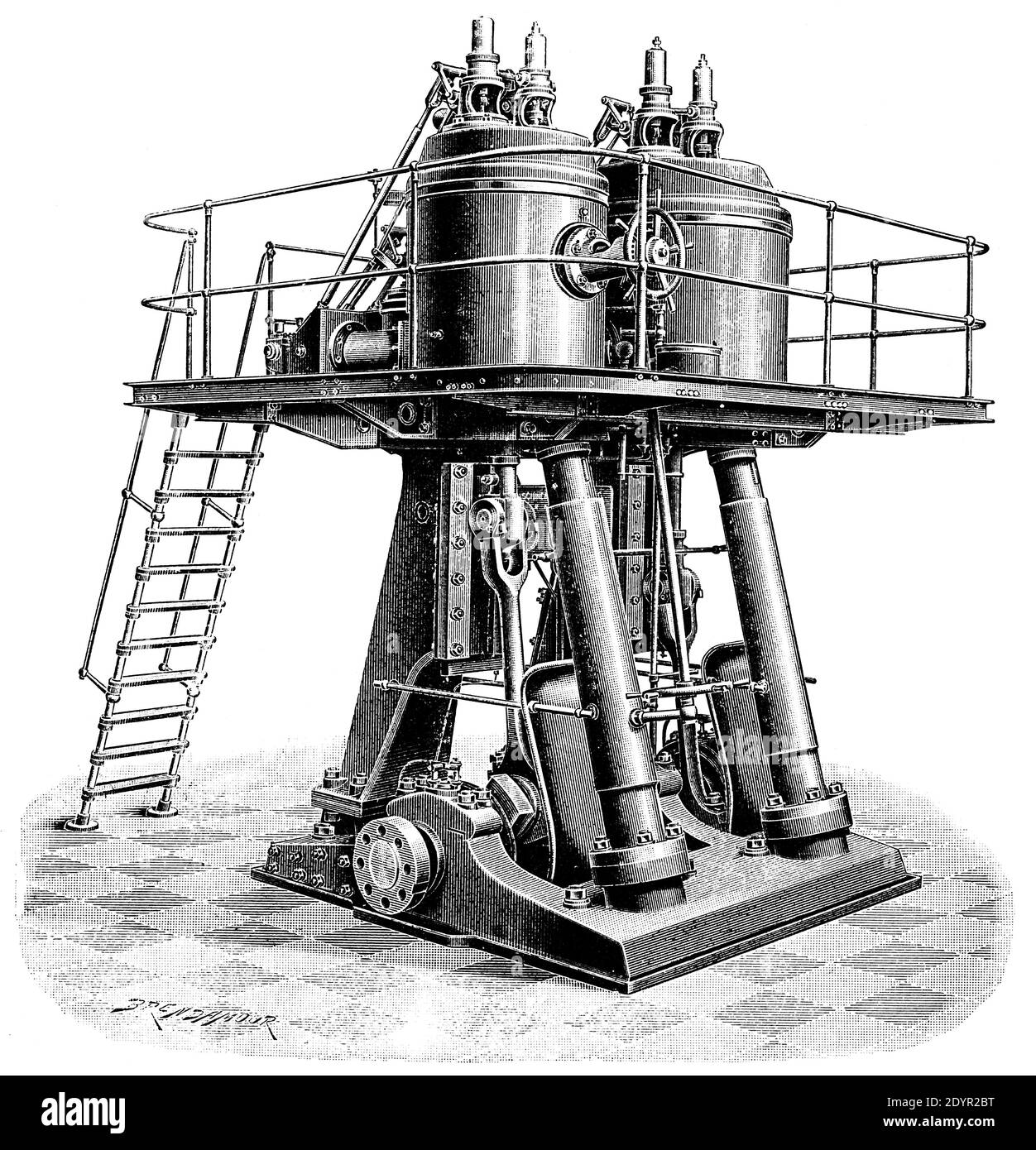 Vertical industrial steam twin engine. Illustration of the 19th century