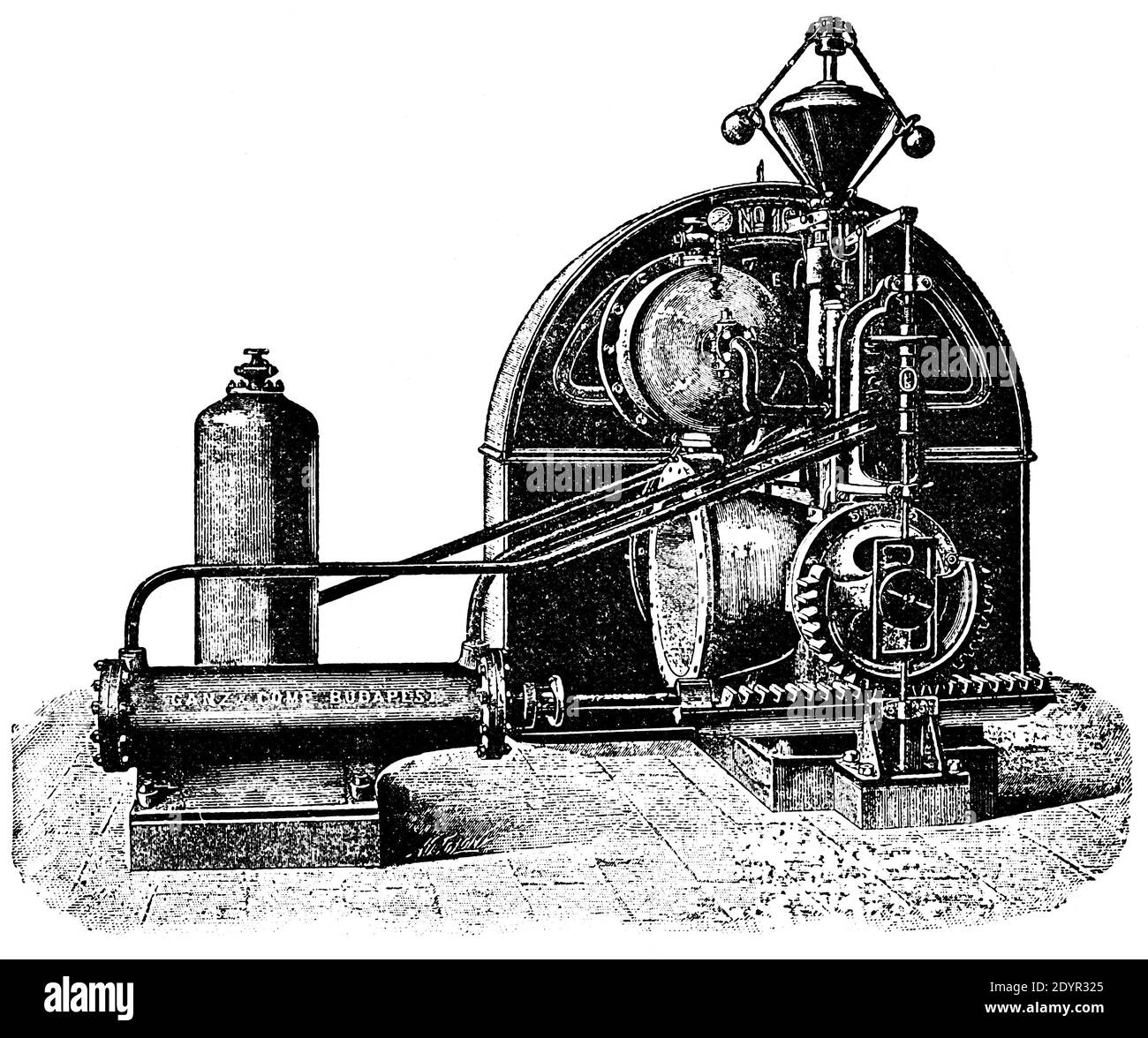 Cutaway water turbine by a French hydraulic engineer Louis Dominique Girard. Illustration of the 19th century. Germany. White background. Stock Photo