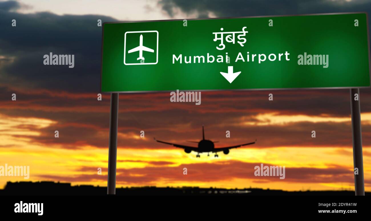 Mumbai Is In Which Direction Of India Airplane Silhouette Landing In Mumbai, Bombay, India, Maharashtra. City  Arrival With Airport Direction Signboard And Sunset In Background. Trip And  Tr Stock Photo - Alamy