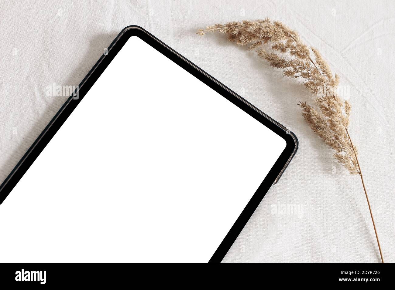 Closeup of tablet with dry grass on table. Blank, empty screen. White linen table cloth background in sunlight. Electronic device mock-up. Modern stil Stock Photo