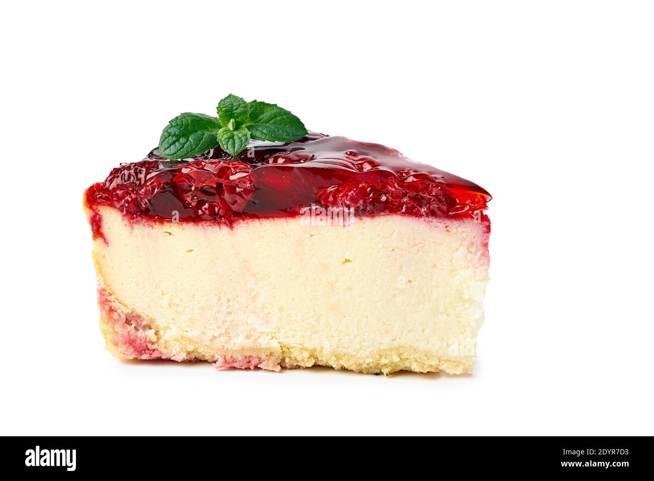 Piece of cheesecake with raspberries topping on white Stock Photo