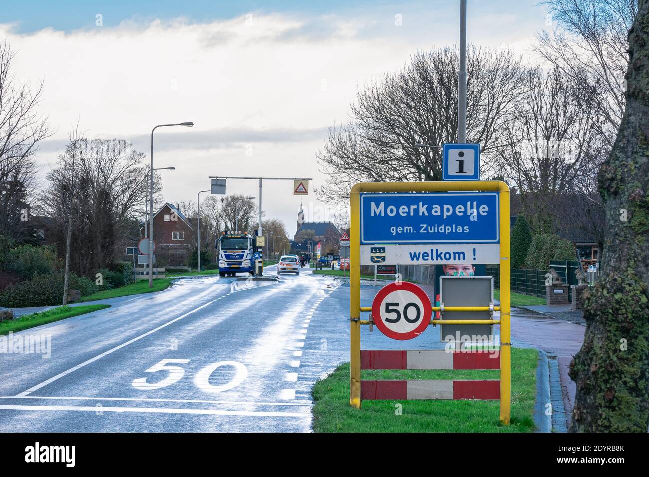 Place name sign of Moerkapelle, a village in the western part of the Netherlands. Stock Photo