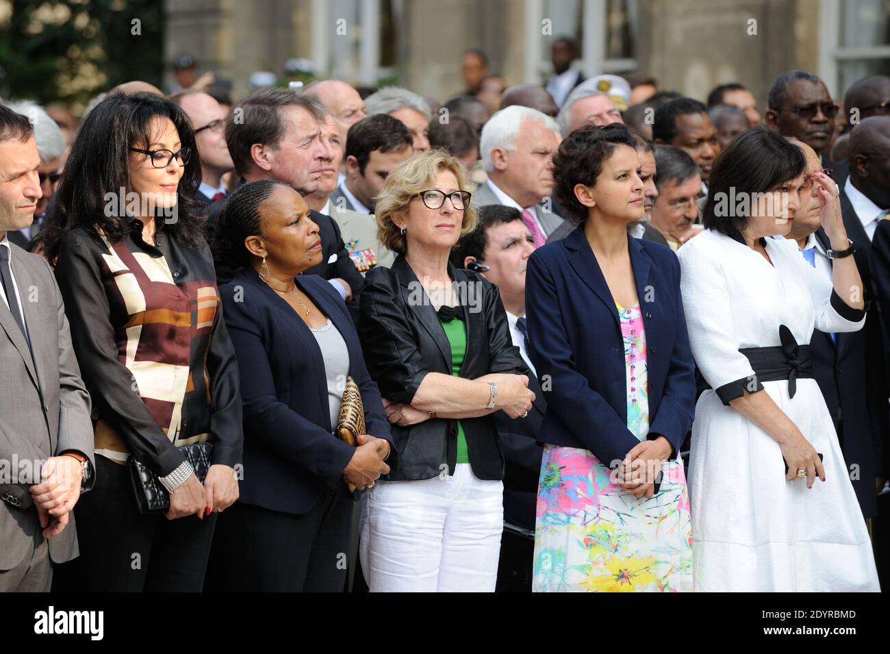 JM for Social and Solidarity Economy, Benoit Hamon, JM for French Living Abroad and Francophony, Yamina Benguigui, Justice Minister Christiane Taubira, Higher Education and Research Minister Genevieve Fioraso, Minister for Women's Rights and Government Spokesperson Najat Vallaud-Belkacem and JM for Disabled People Marie-Arlette Carlotti during a garden party as part of the Bastille Day celebration, at the Defence Ministry in Paris, France on July 13, 2013. Photo by Jacques Witt/Pool/ABACAPRESS.COM Stock Photo