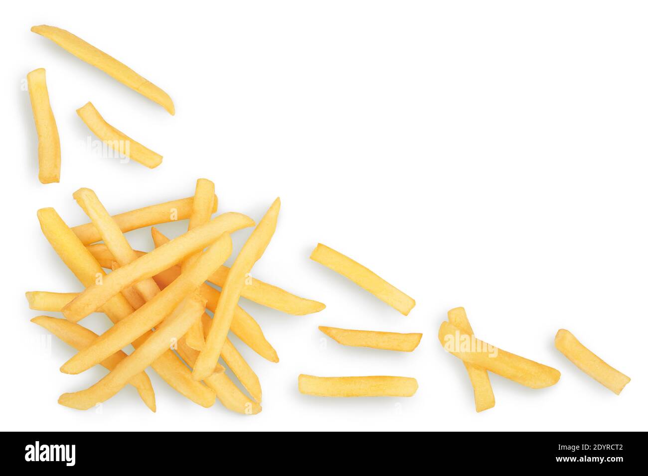 French fries or fried potatoes isolated on white background with clipping path . Top view with copy space for your text. Flat lay Stock Photo