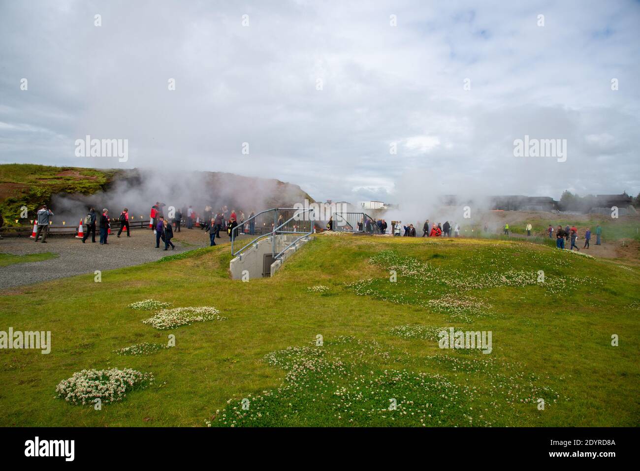 vistors at hot water spring at Deildartunguhver, Iceland Stock Photo
