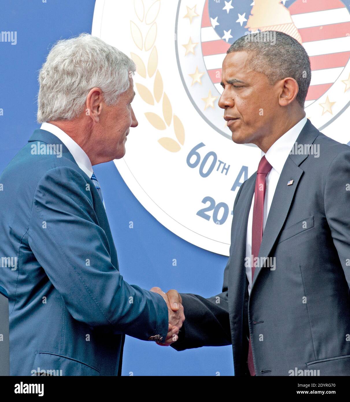 United States Secretary of Defense Chuck Hagel shakes hands with U.S. President Barack Obama prior to the President's remarks marking the 60th Anniversary of the Korean War Armistice at the Korean War Veterans Memorial in Washington, D.C., USA, on Saturday, July 27, 2013. Photo by Ron Sachs/Pool/ABACAPRESS.COM Stock Photo